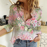 Walentynkowe damskie moda kwiatowy nadruk długi rękaw, obrócona koszula