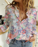 Walentynkowe damskie moda kwiatowy nadruk długi rękaw, obrócona koszula