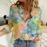 Walentynkowe damskie moda kwiatowy nadruk długi rękaw, obrócona koszula